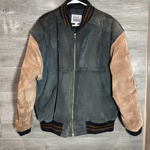 Vintage 90s Suede Leather Jacket Varsity Trucker Basic Editions Large Lined - Picture 1 of 10